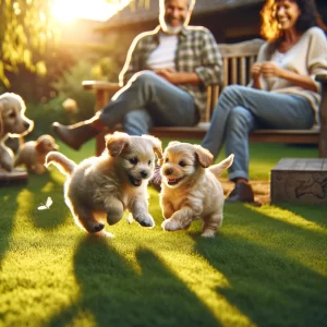 Puppies playing outdoors with smiling couple watching.