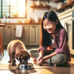Girl smiling at puppy eating from bowl.