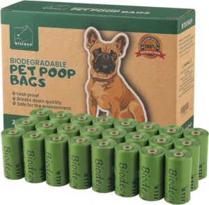 Biodegradable dog waste bags with cardboard packaging.