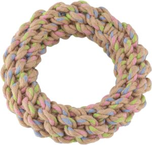 Colorful braided rope wreath on white background.