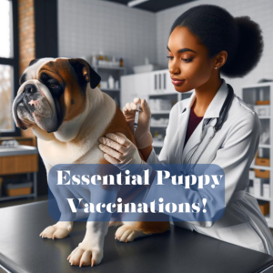 bulldog getting vaccine shot from veterinarian