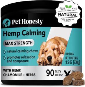 Pet Honesty Hemp Calming chews for dogs container.