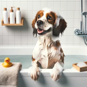 dog in bathtub wet with bubbles