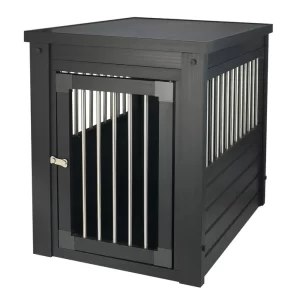Black wooden pet crate with slatted bars and latch.