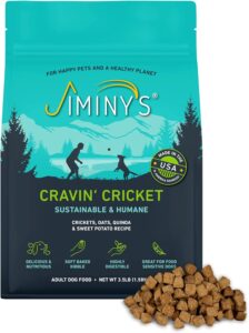 Sustainable Jiminy's cricket-based dog food bag.
