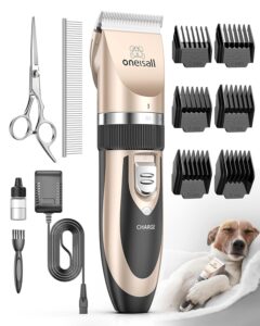 Professional pet grooming clipper set with accessories.