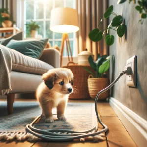 Puppy curiously looking at plugged-in cable indoors.
