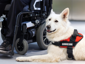 Service dog beside man in wheelchair.
