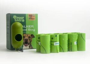 Green dog poop bags and dispenser with packaging.