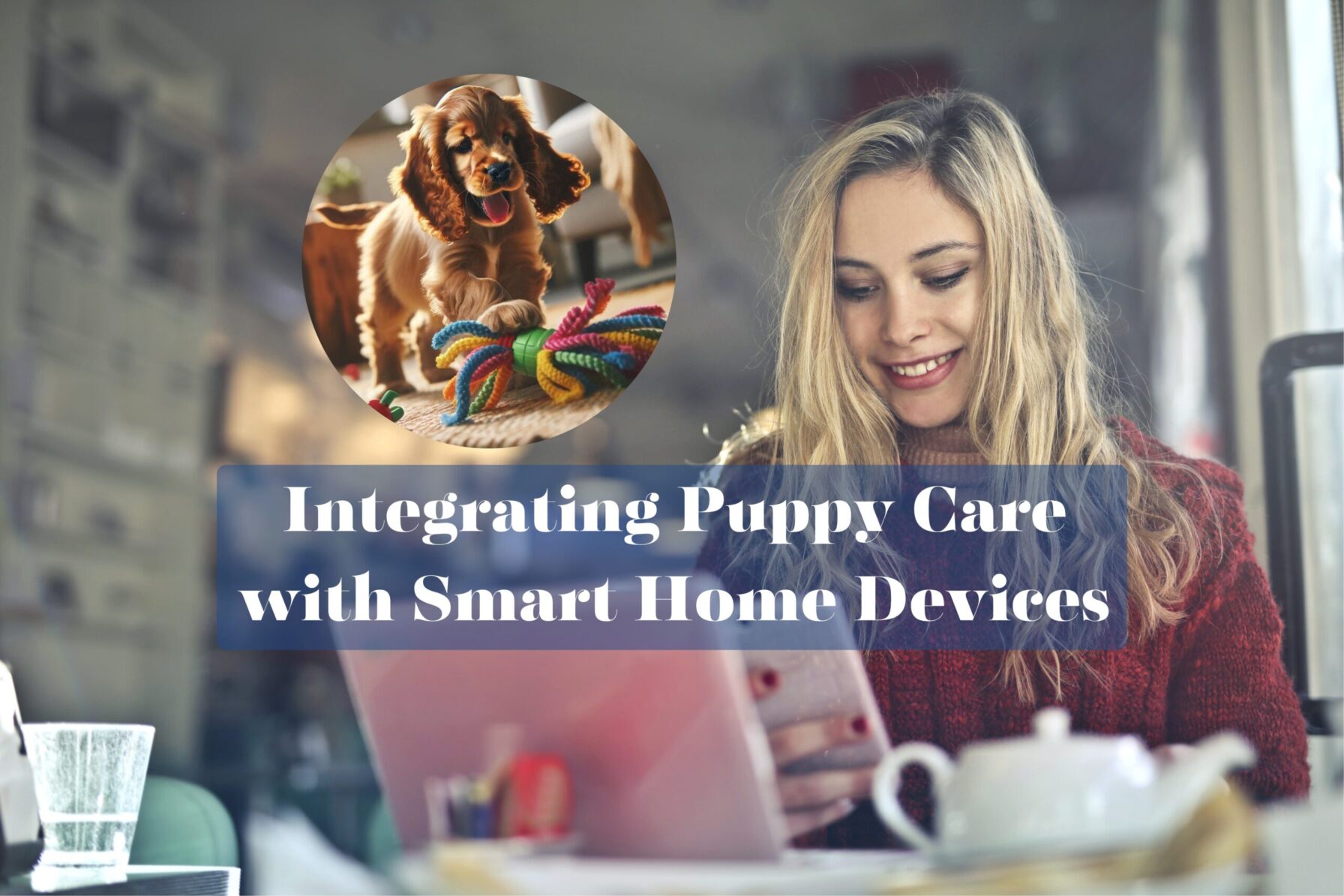 Woman using technology for puppy care.